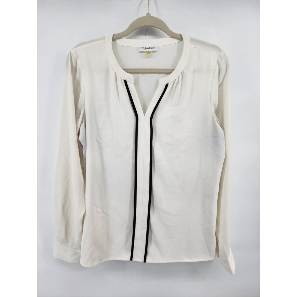 Calvin Klein Ivory Cream V-Neck Long Sleeve Blouse Top M